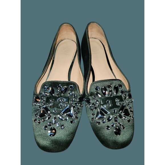 Tory Burch Green Satin Delphine T Logo Embellished Ballet Flats Size 8M - Picture 1 of 14
